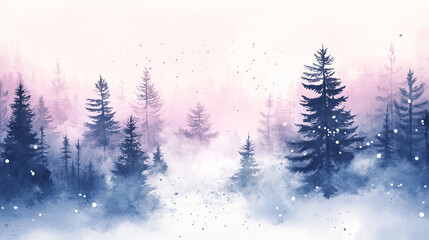 Fototapeta premium A snow-covered forest with mist rolling between the trees, creating an ethereal atmosphere, watercolor style