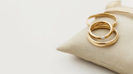 Gold wedding rings elegantly displayed on a soft ring pillow, featuring a sparkling diamond accent and ample space for personalized text.