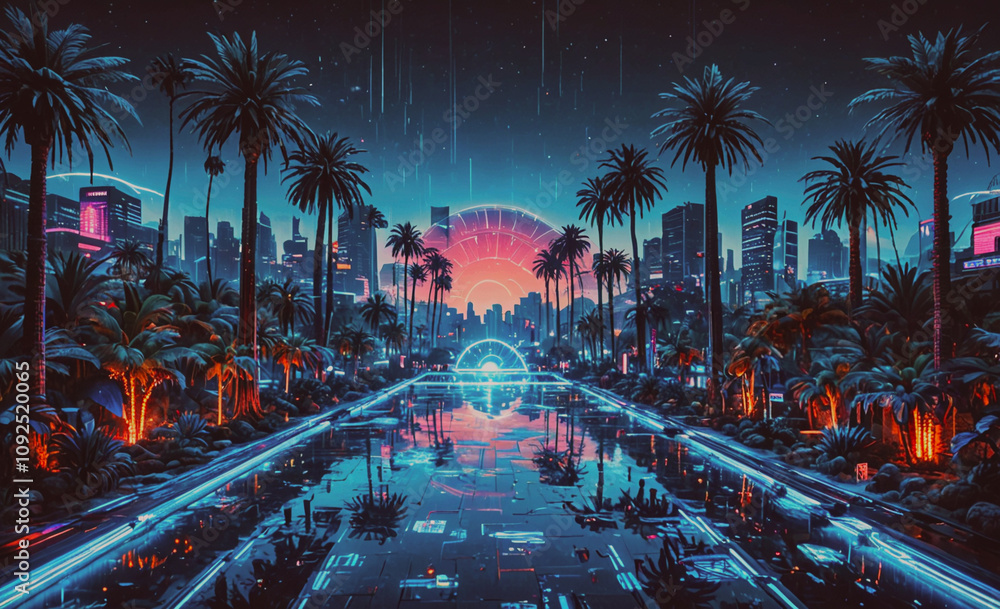 Aufkleber city with a large pool and palm trees. the pool is lit up with neon lights