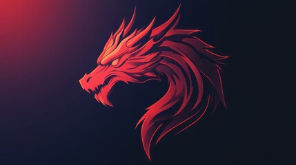 A fierce red dragon head with sharp teeth and horns, in a minimalist style, against a dark background.