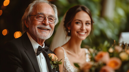 Celebration of love at an elegant wedding reception, featuring a joyful bride and her grandfather in a beautiful setting. Generative AI