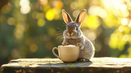 Adorable rabbit savoring a cappuccino in a small cup, basking in the warm sunlight of a peaceful outdoor morning.
