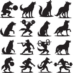 Black and white illustration of a playing wolf vector icon illustration on white background
