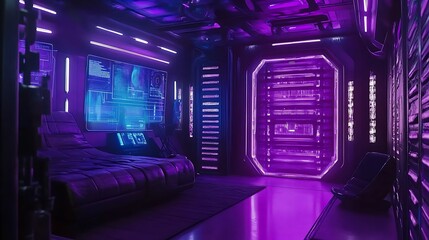 Obraz premium Futuristic Bedroom Interior with Purple Lighting and Futuristic Elements