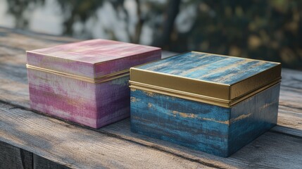 Colorful decorative gift boxes with gold accents resting on a rustic wooden surface, showcasing vibrant pink and blue hues.