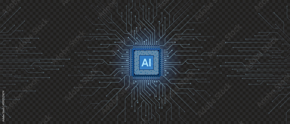 Aufkleber AI technology CPU chipset with printed circuit board. Printed circuit board and processor. Machine learning. Artificial intelligence web banner