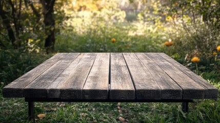 Wooden table positioned outdoors with a blurred garden backdrop, featuring soft natural light and colorful flora, perfect for product displays or creative montages.