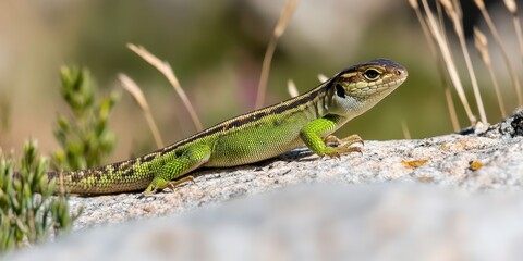 Naklejka premium Green Lizard on Rock, Basking in Sunlight, Wildlife Photography