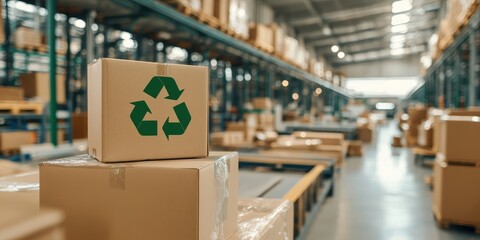 Sustainable Packaging, Cardboard Boxes with Recycle Symbol in Warehouse