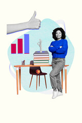 Poster sketch image artwork 3D photo collage of middle aged african race lady stand table pile book study hand gesture thumb like success