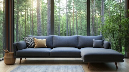 Fototapeta premium Grey corner sofa with cushions beside a large panoramic window, revealing a serene forest view in a contemporary Scandinavian living space.