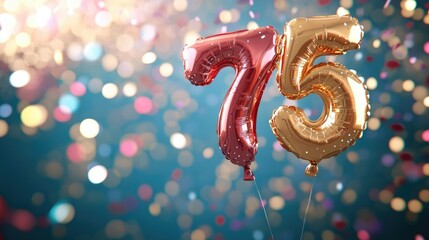 Shiny gold and rose balloons shaped as the number 75, set against a vibrant, shimmering confetti background filled with colorful light reflections.