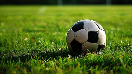 A classic black and white soccer ball sits on a green field, ready for the game.