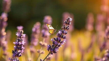 Aromatic purple lavender in full bloom against a warm sunlit background, with a butterfly dancing around the delicate petals, nature close-up, blooming lavender
