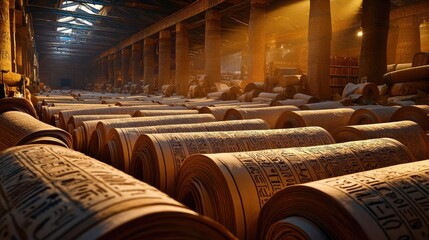 Ancient scrolls lined in a dimly lit warehouse, showcasing rich history.