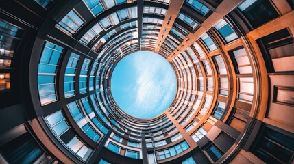 Circular view of a modern glass skylight surrounded by a geometric pattern of buildings, showcasing vibrant blue sky and architectural details.