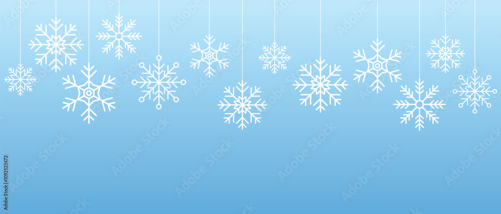 Poster snowflake seamless border. simple hanging snowflake. hanging snowflake decorations. winter holidays 