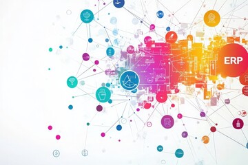 A graphic displays a complex network of interconnected nodes representing an enterprise resource planning system. Various icons illustrate different business processes and technologies.