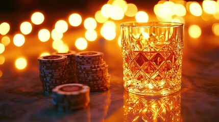 A stylish blackjack table is adorned with colorful poker chips, a deck of cards, and a whiskey glass under warm lighting in a casino