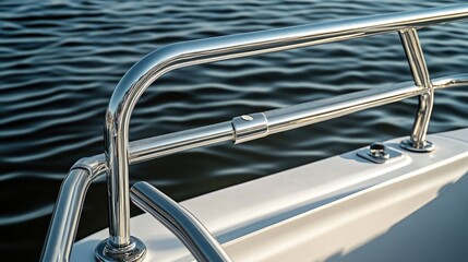 Shiny stainless steel guard rail on the front of a stationary motorboat with calm, rippling water in the background.