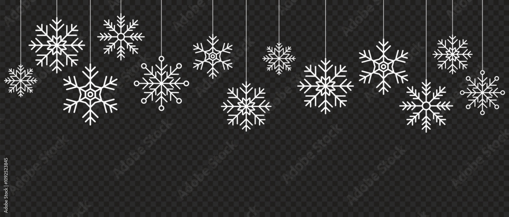 Poster snowflake seamless border. simple hanging snowflake. hanging snowflake decorations. winter holidays 