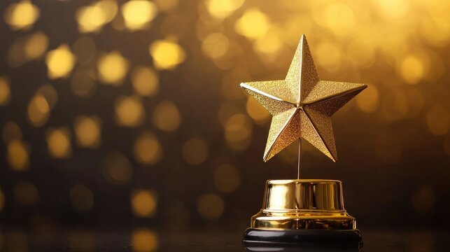 Golden star trophy on a pedestal against a shimmering golden background, symbolizing employee recognition and exceptional achievement.
