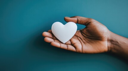 Fototapeta premium Hand gently holds a white heart on a teal background, symbolizing health care, mental well-being, charity, and the essence of self-love.