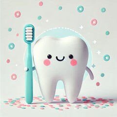 Cute cartoon tooth character holding a toothbrush, ideal for dental health promotions, children's products, and educational materials about oral hygiene.