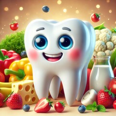 Fototapeta premium Playful tooth character surrounded by healthy foods, promoting dental health and nutrition for children in a fun and engaging way.