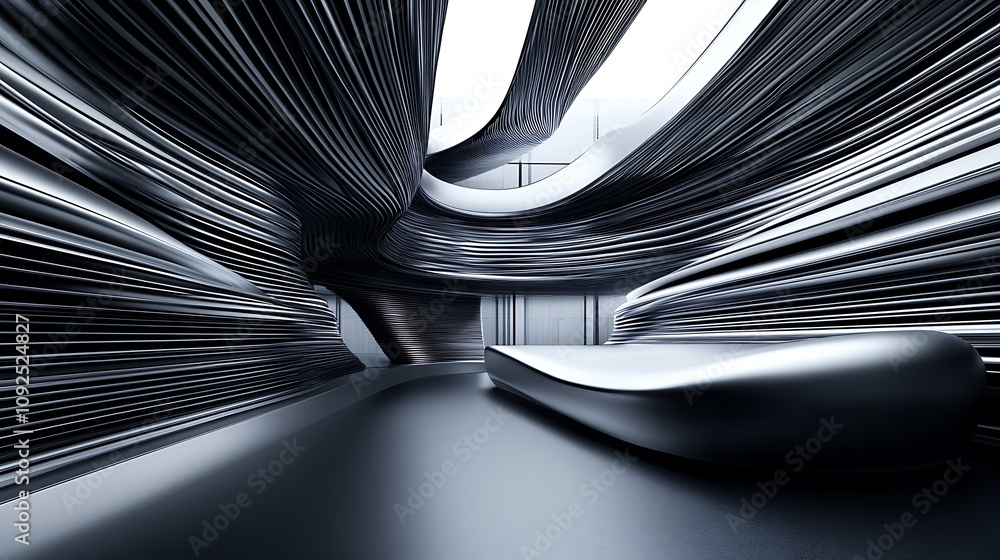 Poster abstract architectural rendering: fluid metallic forms and smooth bench