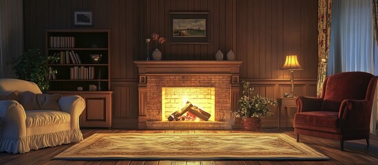 Cozy fireplace glowing warmly in a stylish room, adorned with elegant furniture and a plush area rug, creating an inviting and ambient atmosphere.