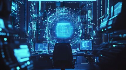 Blue-lit Computer Room with Digital Interface on Screen