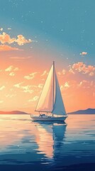 Naklejka premium A sailboat sails smoothly on tranquil waters during sunset. The sky displays stunning hues of orange and blue, reflecting on the waters surface amidst distant hills.
