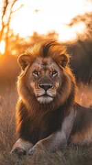 Obraz premium A strong lion sits calmly in tall grasses as the sun sets behind it, casting warm orange and yellow hues. The animals mane glows in the evening light, showcasing its majestic presence.