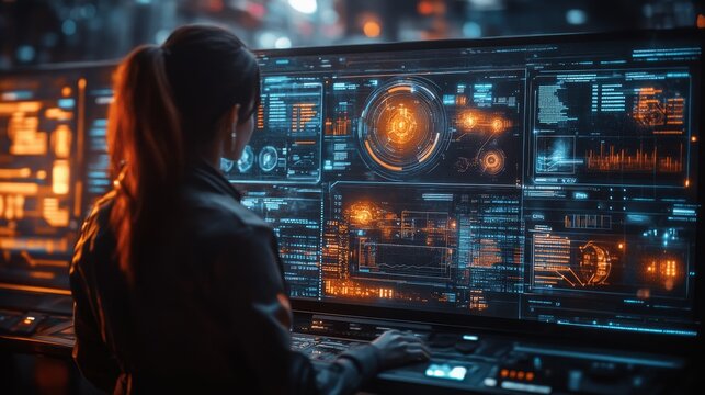A focused female analyst working on futuristic digital interfaces filled with data visualizations, graphs, and interactive elements in a high-tech environment