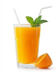 Fototapeta premium Photo of a refreshing glass of orange juice with mint leaves and sliced oranges