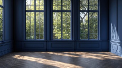 Fototapeta premium Spacious dark blue living room with large windows, parquet flooring, and ample wall space for poster mockups, flooded with natural light.