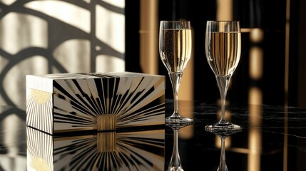 Elegant Art Deco gift box with striking geometric design placed beside sparkling champagne glasses on a glossy reflective surface