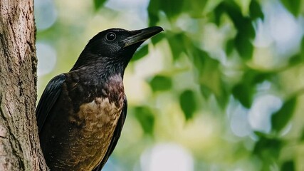A crow-like bird, predominantly black with a noticeable reddish-brown patch on its underparts, rests on the side of a tree