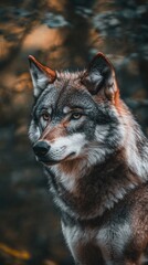 Fototapeta premium A wolf stands gracefully in a forest setting, its thick fur illuminated by warm sunlight. The intricate patterns of its coat are highlighted, showcasing natural beauty in a serene moment.