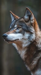 Obraz premium A wolf gazes intently into the distance, showcasing its striking features and thick fur. The soft morning light filters through the trees, creating a serene atmosphere in the forest.