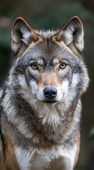 Fototapeta premium A majestic wolf stands prominently in its natural habitat, showcasing its striking fur and piercing eyes. The soft light of twilight enhances its features, creating an enchanting atmosphere.