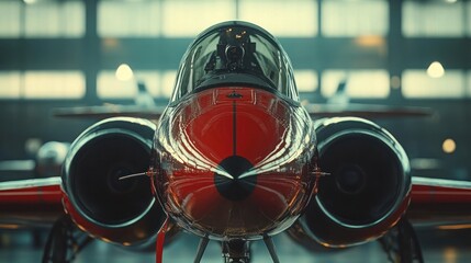 Jet aircraft in a hangar, showcasing engineering.