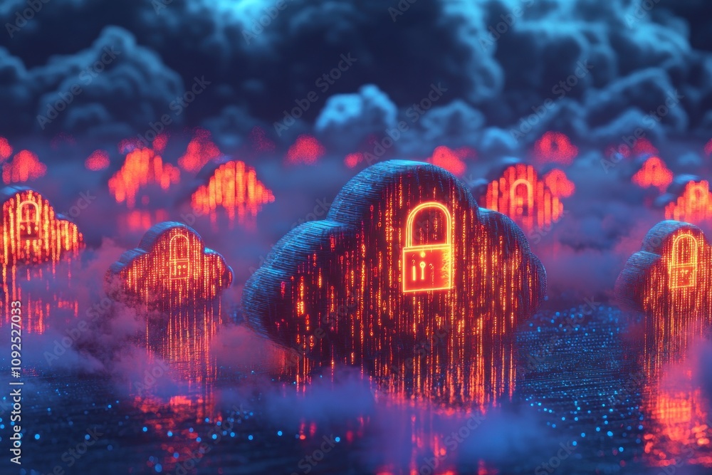 Poster here's a possible and keyword list for your stock photo.. glowing cloud network security.