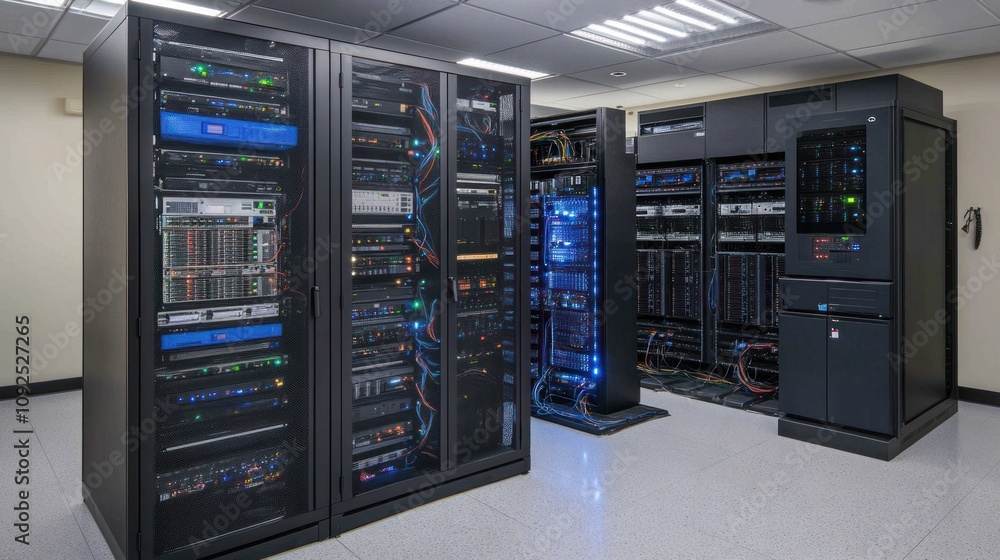 Poster network server room with multiple racks of equipment
