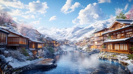 Fototapeta premium A serene winter landscape featuring traditional wooden buildings along a snowy river.