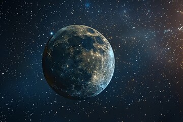 Fototapeta premium A full moon with a detailed surface against a backdrop of twinkling stars.