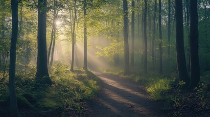 Fototapeta premium Footpath winding through a lush deciduous forest, bathed in soft morning sunlight, showcasing vibrant green trees and a tranquil, misty ambiance.