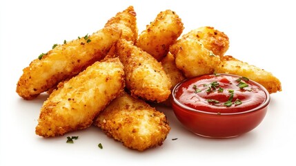 Crispy golden potato wedges arranged beautifully with a small bowl of rich tomato ketchup garnished with herbs on a pristine white background