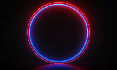 Fototapeta premium A glowing neon circle with a blue inner ring and a red outer ring, against a black background.